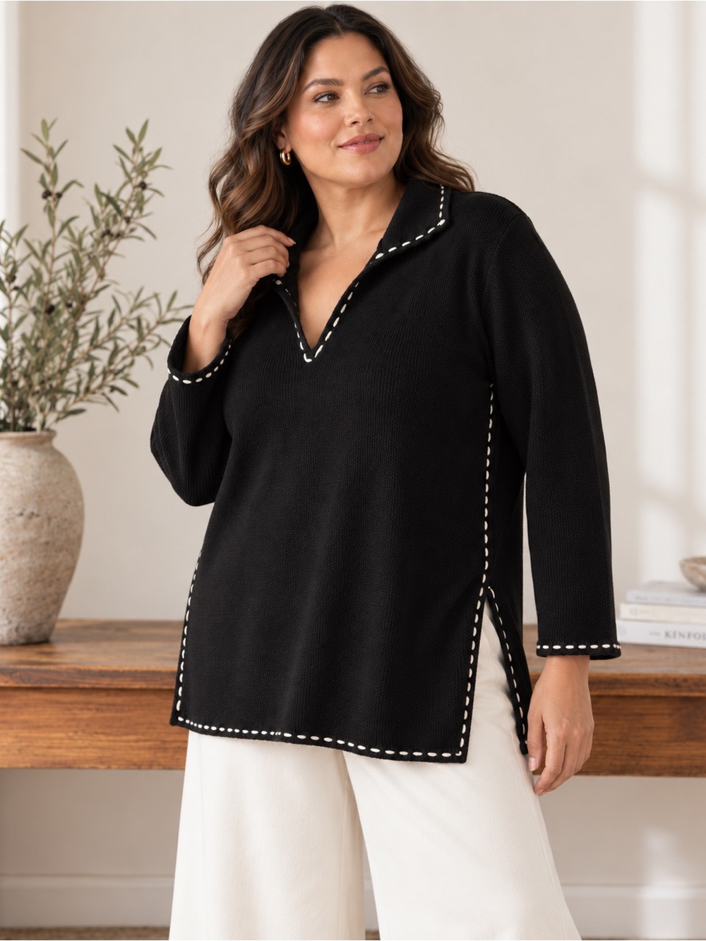 INC International Concepts 2X Black Tunic Sweater Contrast Stitch Plus Size